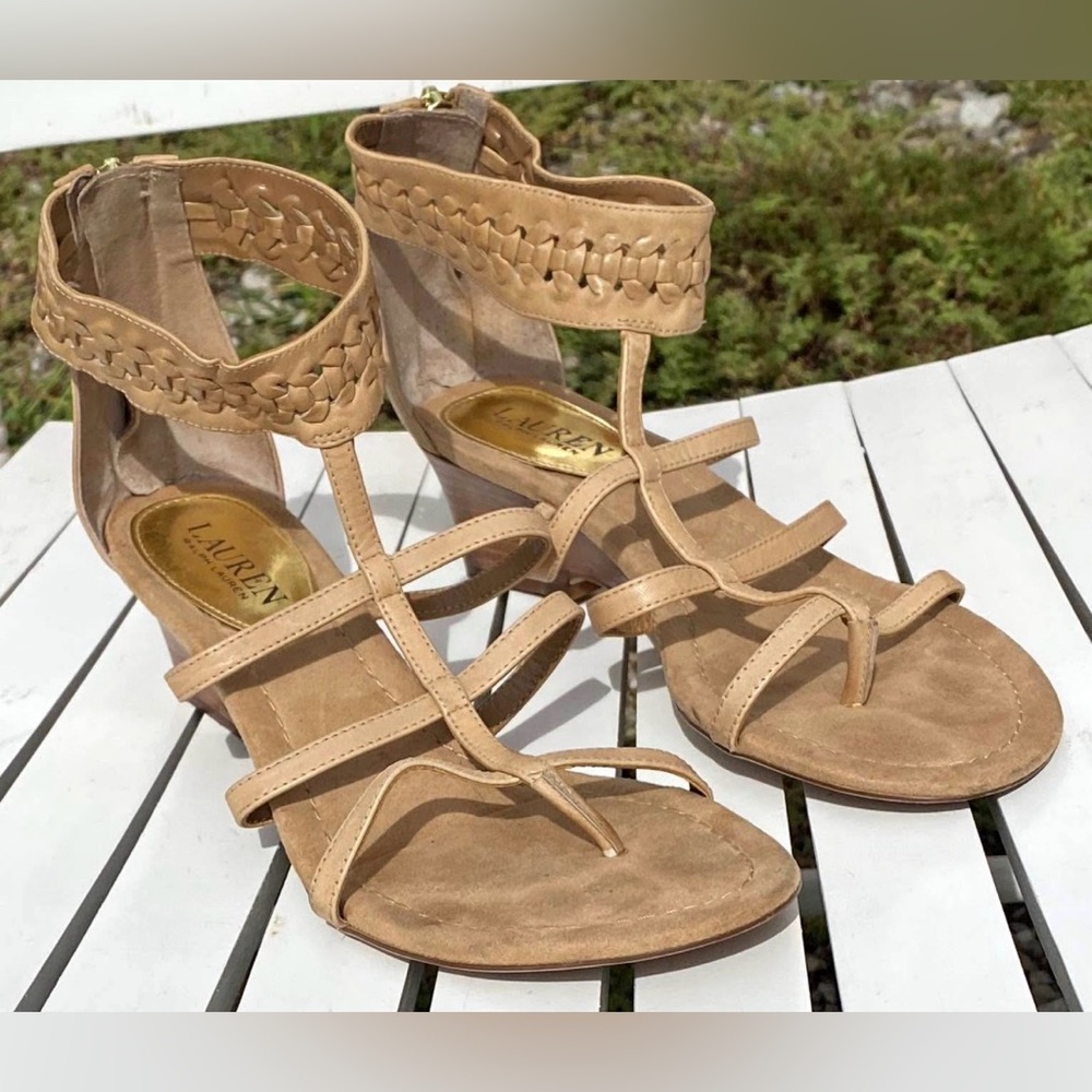 Boho Ralph Lauren Meira Wedge Gladiator Sandals Size 7.5 Braided Light Tan - Picture 2 of 11